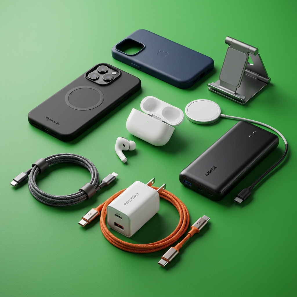 Assortment of phone accessories on green background